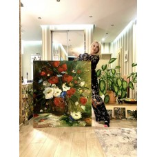 Flower bouquet "I love flowers", acrylic painting on canvas 105 * 120 cm, original. Tulips, white peonies, buttercups, cornflowers. Artist Marina Stognieva